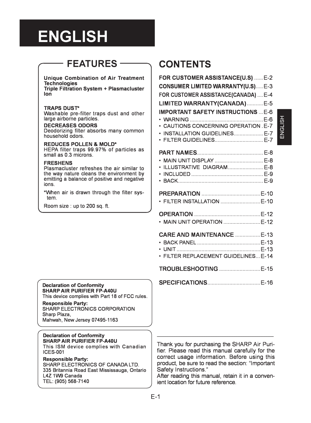 Sharp FP-A40UW, FP-A40C operation manual English, Features, Contents, LIMITED WARRANTYCANADA...........E-5 