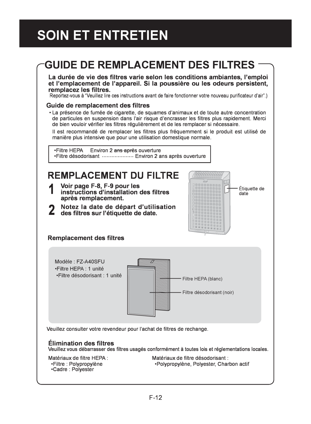Sharp FP-A40UW, FP-A40C Guide De Remplacement Des Filtres, Remplacement Du Filtre, F-12, Soin Et Entretien 