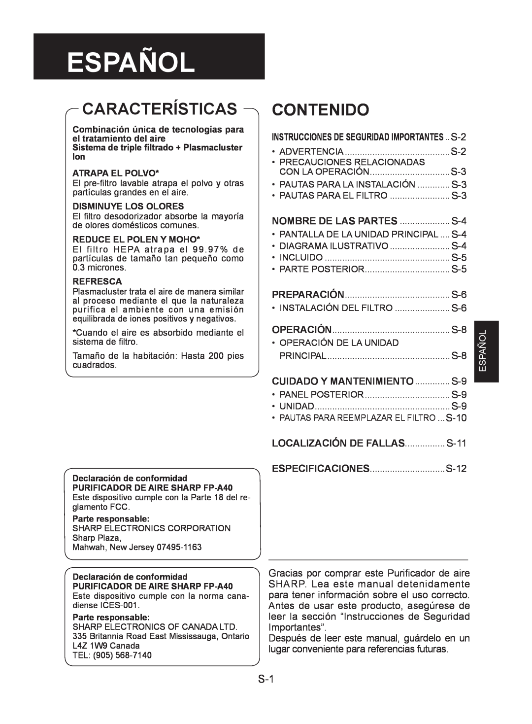 Sharp FP-A40C, FP-A40UW operation manual Español, Características, Contenido, Localización De Fallas 