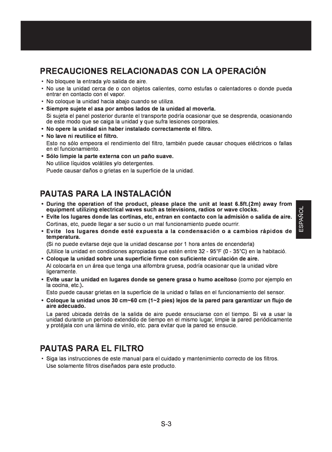 Sharp FP-A40UW Precauciones Relacionadas Con La Operación, Pautas Para La Instalación, Pautas Para El Filtro, Español 