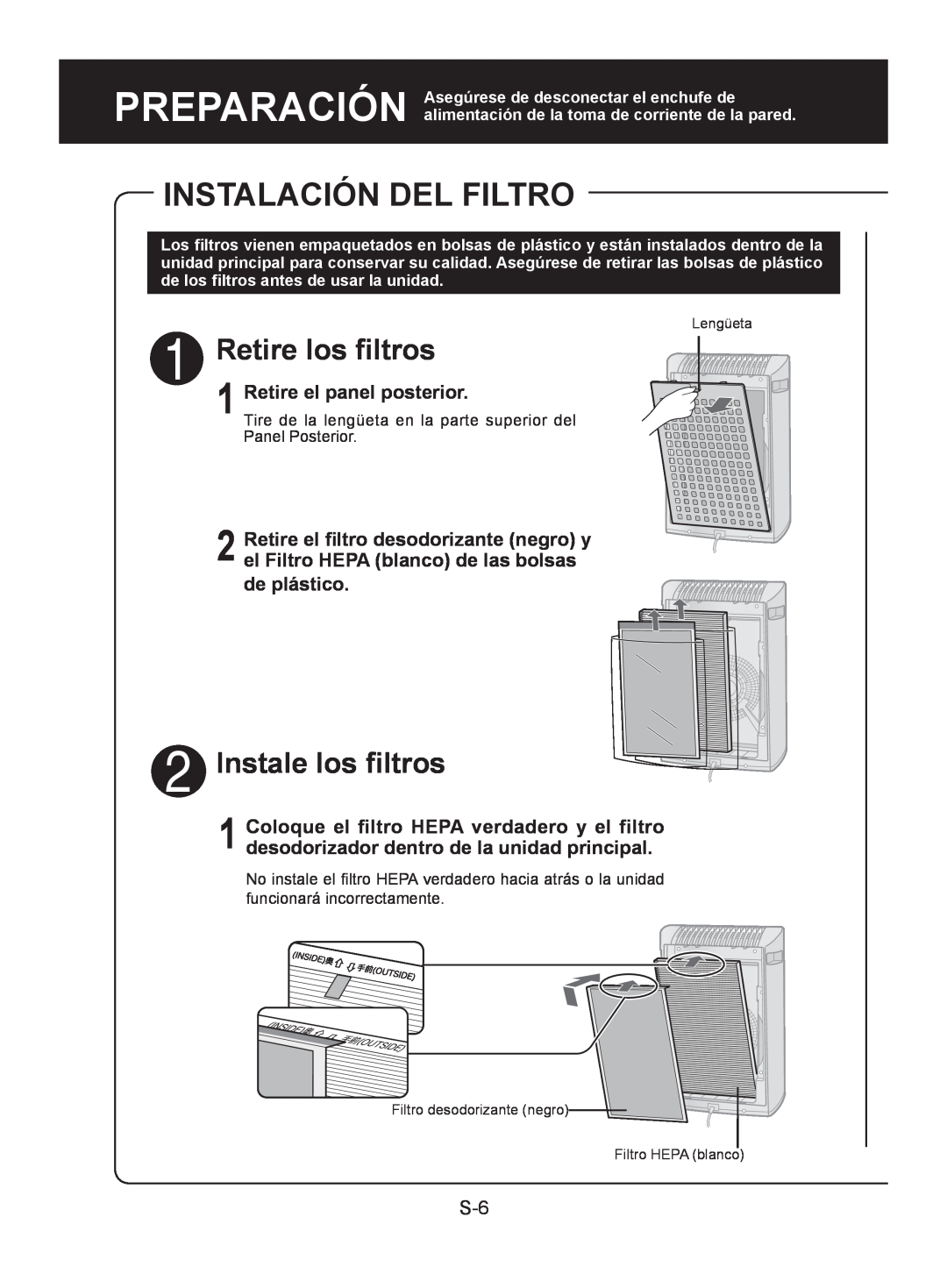 Sharp FP-A40UW, FP-A40C operation manual Instalación Del Filtro, Retire los filtros, Instale los filtros 