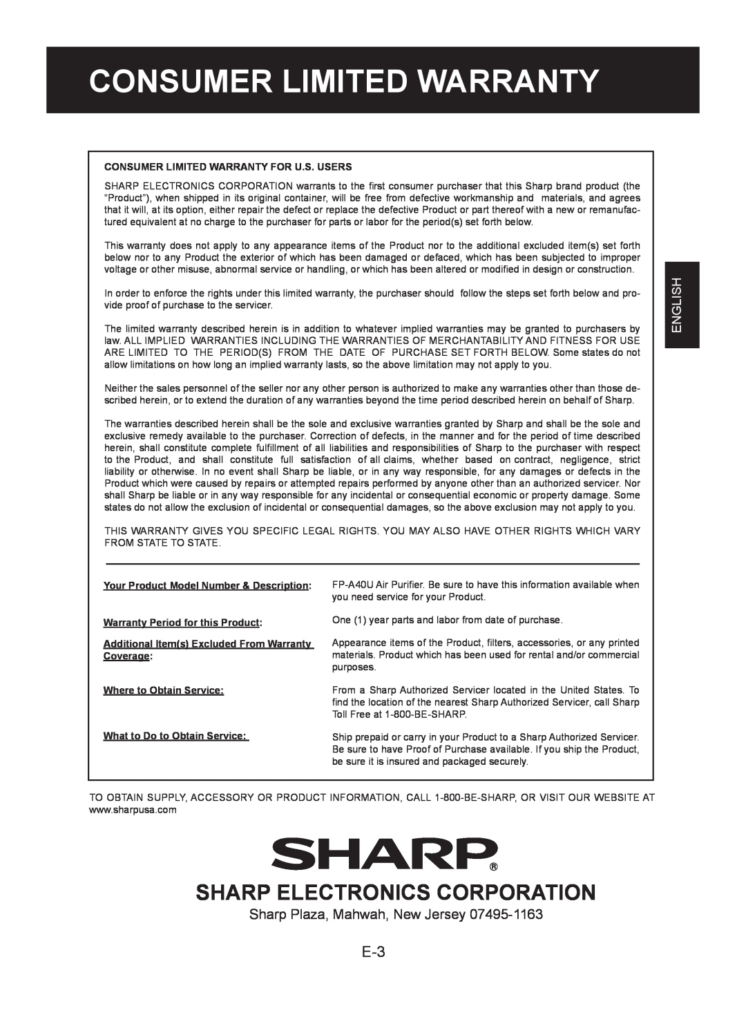 Sharp FP-A40UW, FP-A40C Sharp Electronics Corporation, English, Consumer Limited Warranty For U.S. Users 