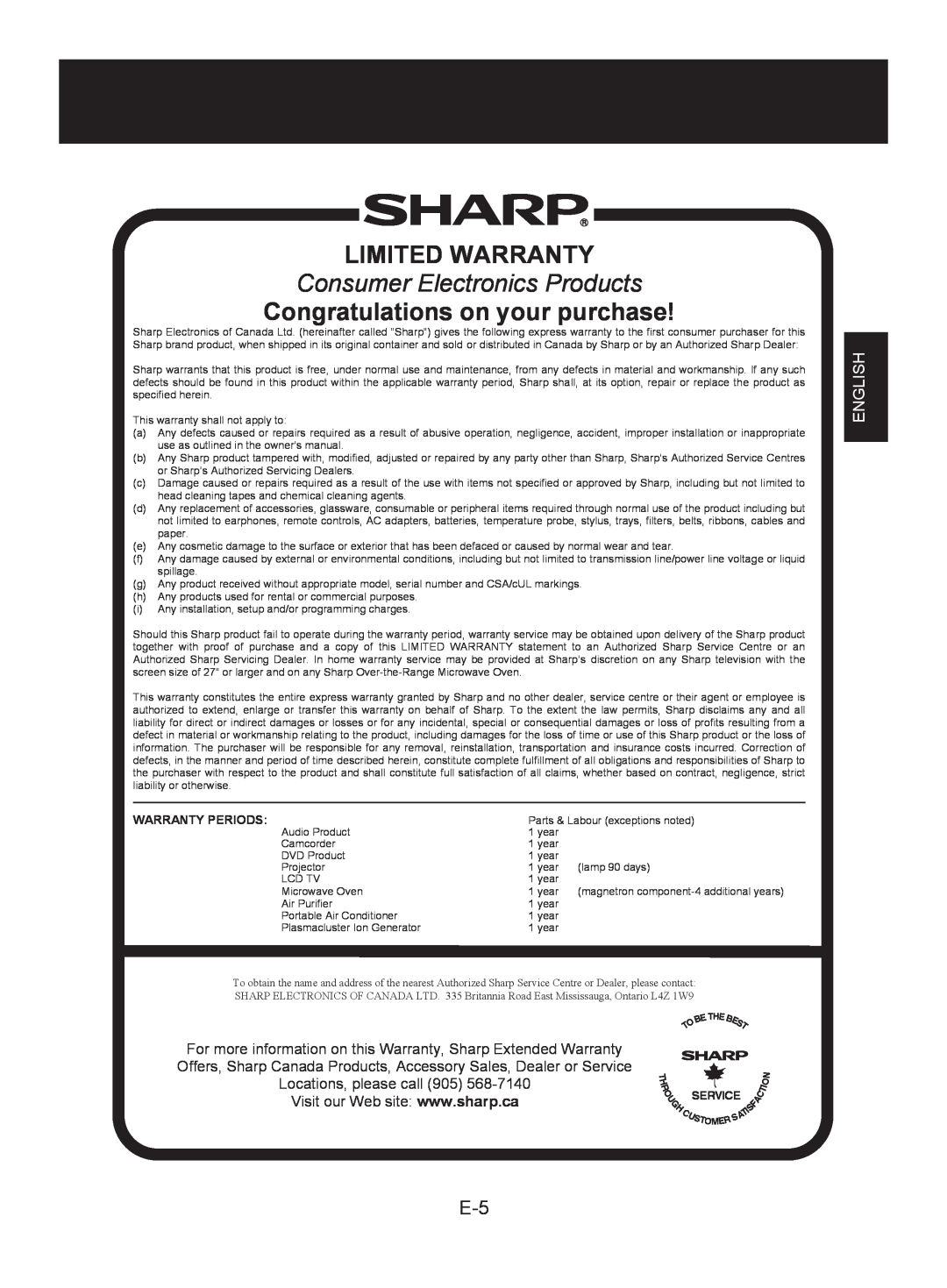 Sharp FP-A40C Limited Warranty, Consumer Electronics Products, Congratulations on your purchase, English, Warranty Periods 