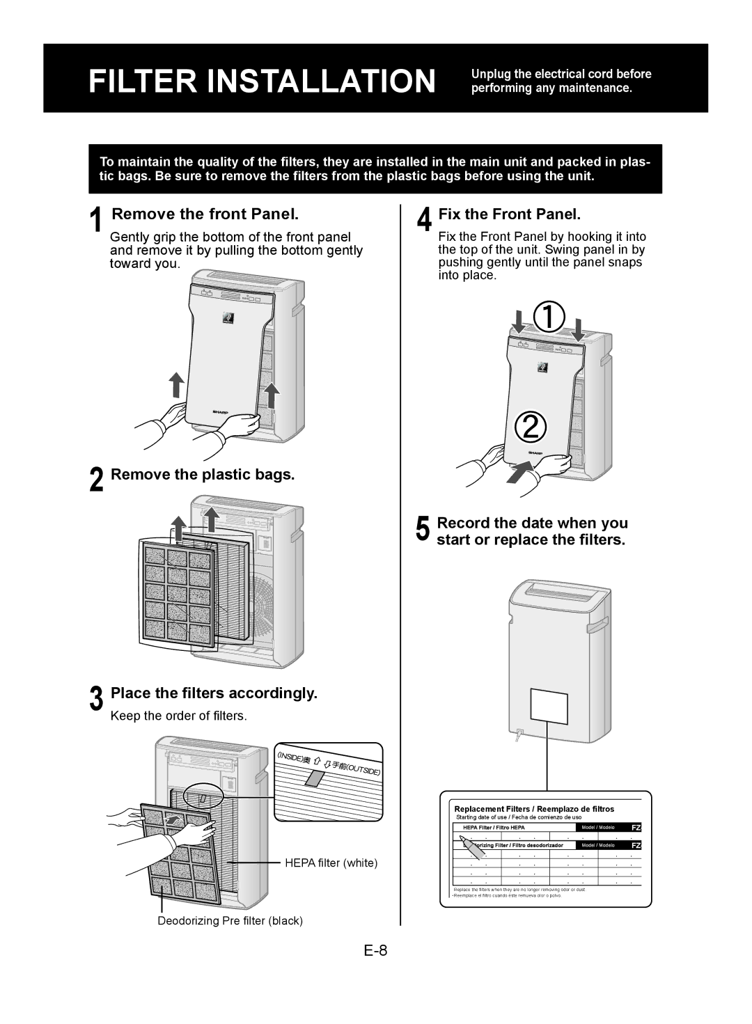 Sharp FP-A60U, FP-A80UW Filter Installation, Remove the front Panel, Remove the plastic bags, Fix the Front Panel 