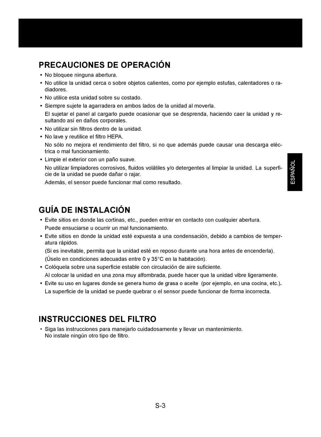 Sharp FP-A60U, FP-A80UW operation manual Precauciones DE Operación, Guía DE Instalación, Instrucciones DEL Filtro 