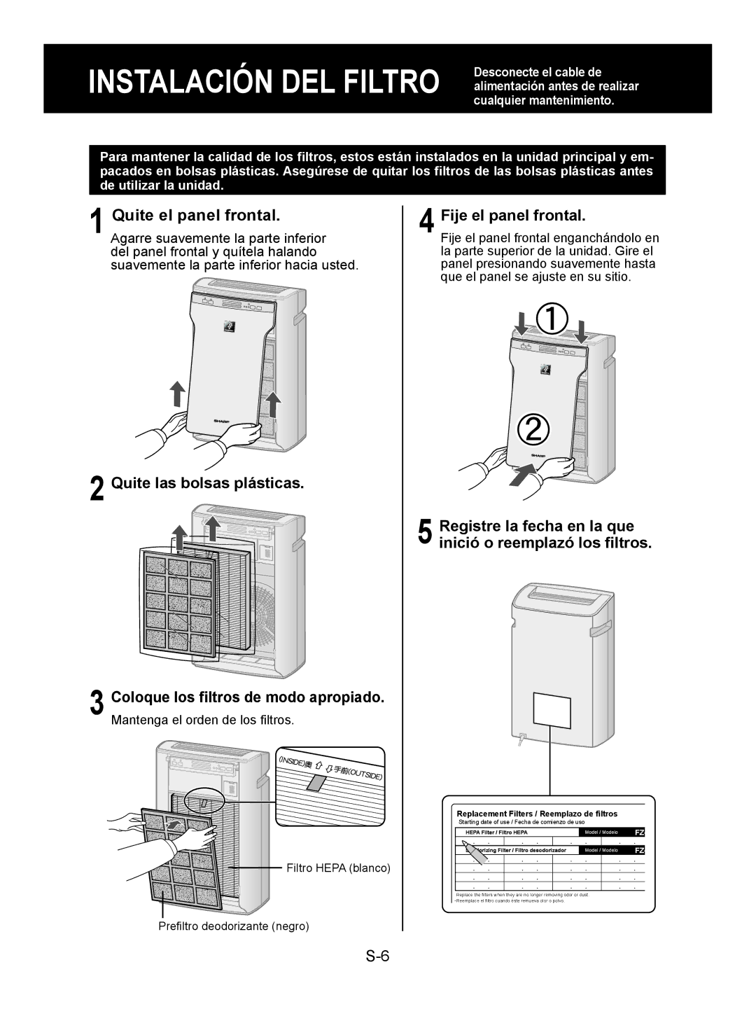 Sharp FP-A60U, FP-A80UW operation manual Quite el panel frontal, Quite las bolsas plásticas, Fije el panel frontal 