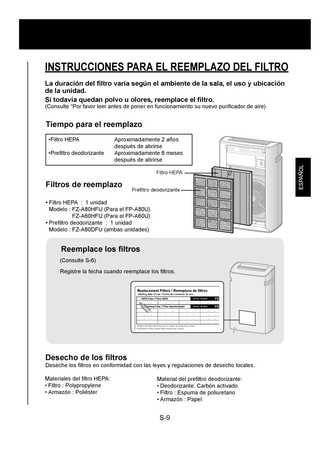 Sharp FP-A60U, FP-A80UW operation manual Instrucciones Para EL Reemplazo DEL Filtro 