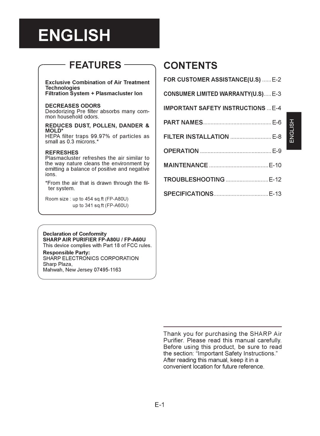 Sharp FP-A60U, FP-A80UW operation manual English 