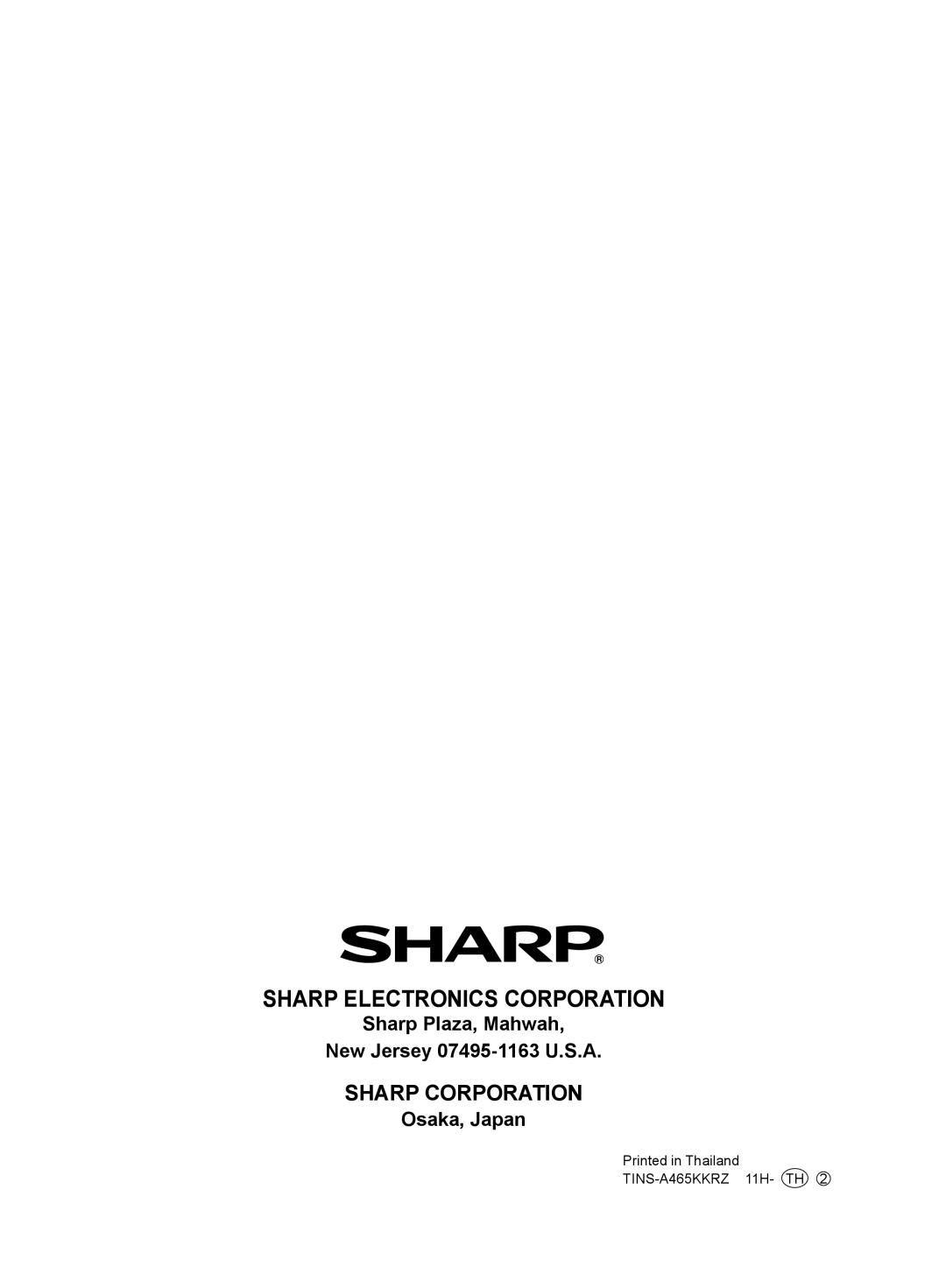 Sharp FP-A60U, FP-A80UW operation manual Sharp Plaza, Mahwah New Jersey 07495-1163 U.S.A, Osaka, Japan 