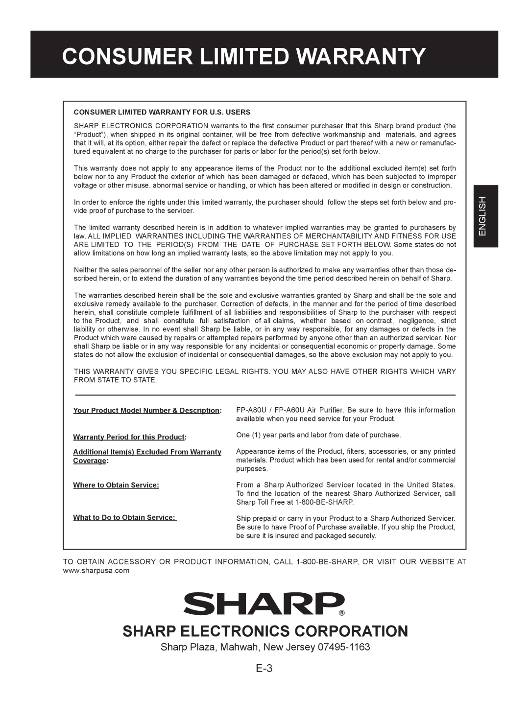 Sharp FP-A80UW, FP-A60U operation manual Consumer Limited Warranty for U.S. Users 