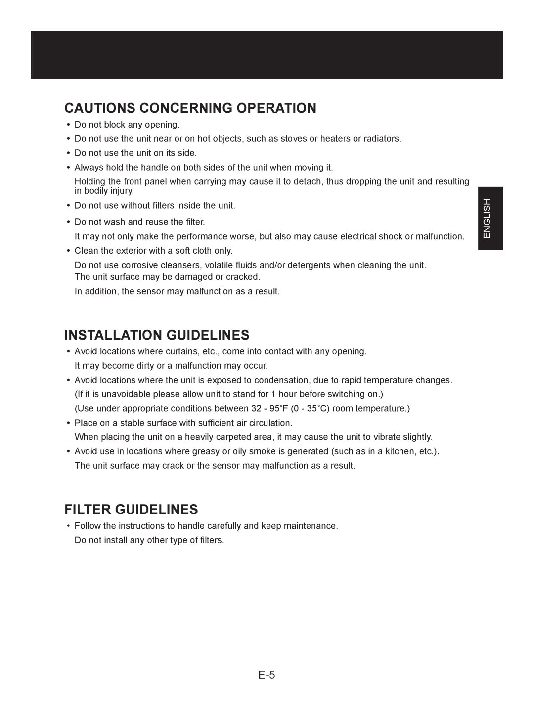 Sharp FP-A60U, FP-A80UW operation manual Installation Guidelines, Filter Guidelines 