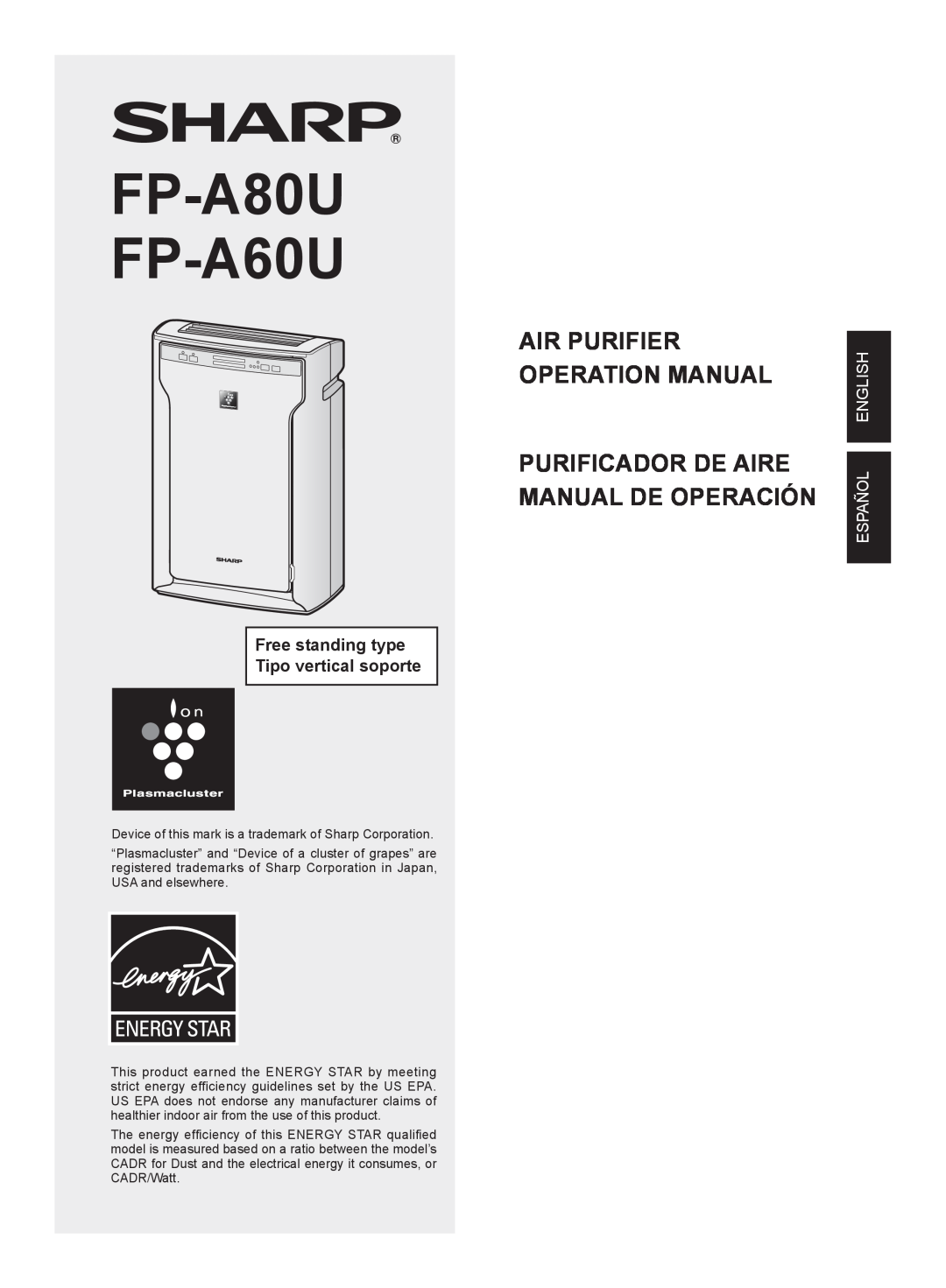 Sharp FP-A80UW operation manual Purificador De Aire Manual De Operación, FP-A80U FP-A60U, Español English 