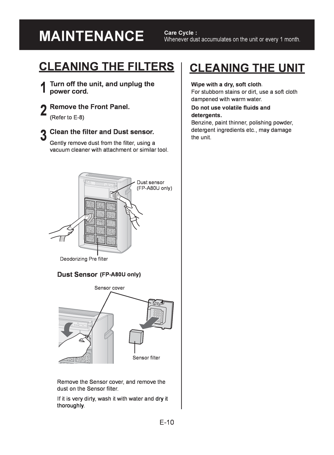 Sharp FP-A60U, FP-A80U MAINTENANCE Care Cycle, Cleaning The Filters, Cleaning The Unit, Remove the Front Panel, E-10 