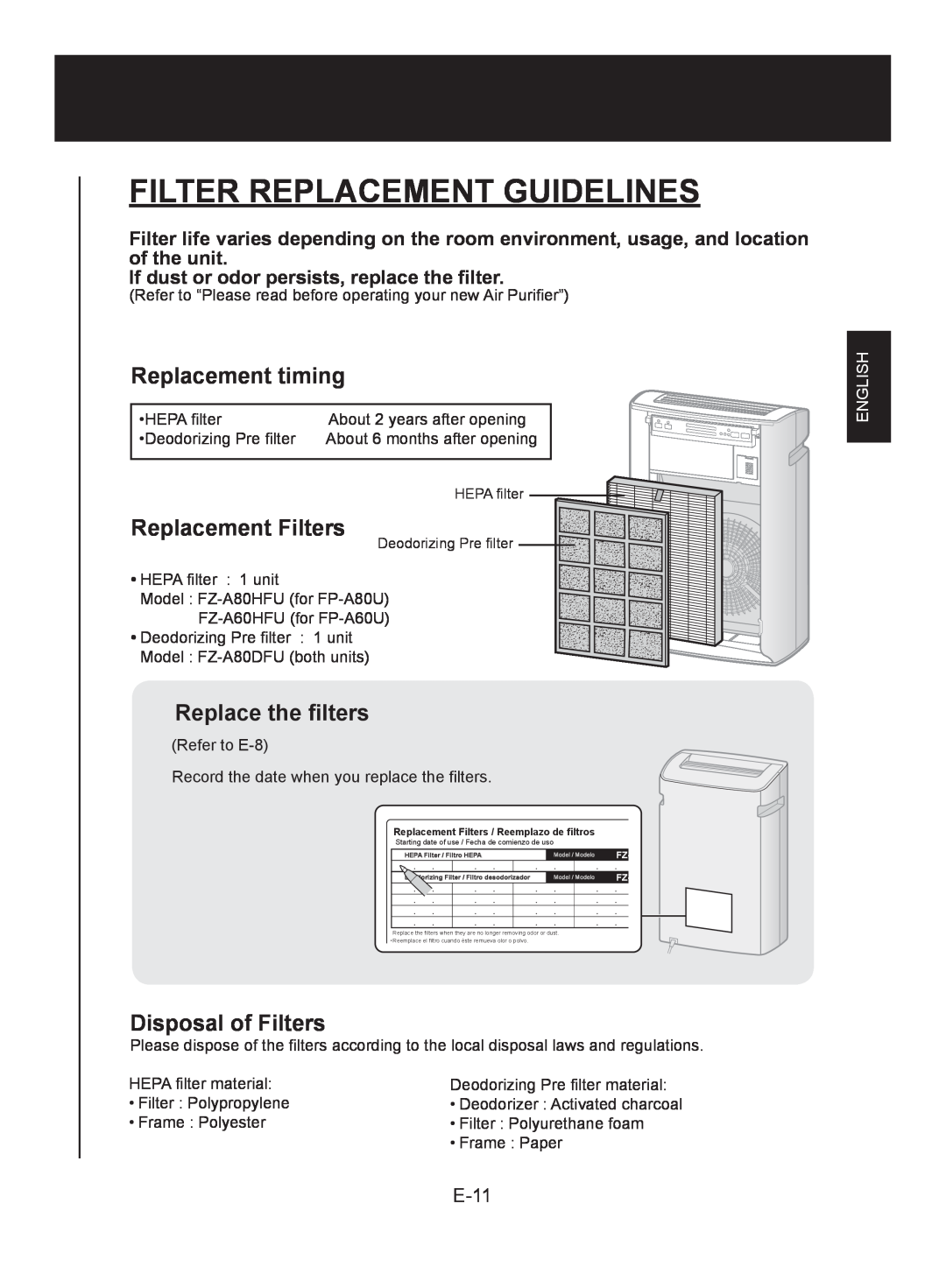 Sharp FP-A80U Filter Replacement Guidelines, Replacement timing, Replacement Filters, Replace the filters, E-11, English 