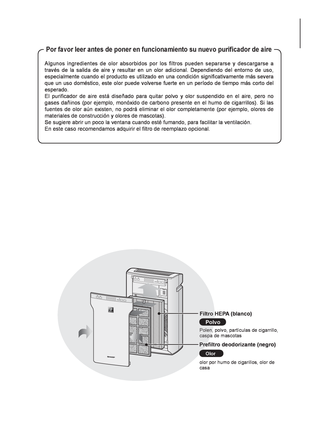 Sharp FP-A60U, FP-A80UW operation manual Filtro HEPA blanco, Polvo, Prefiltro deodorizante negro 