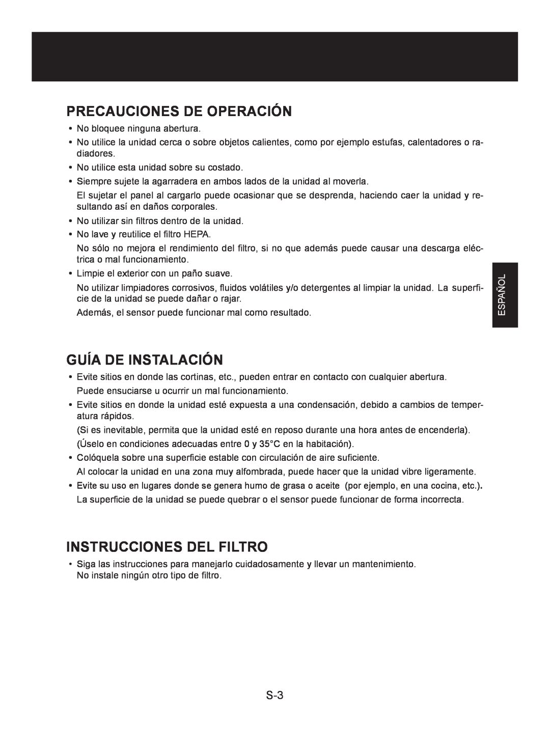 Sharp FP-A60U, FP-A80UW Precauciones De Operación, Guía De Instalación, Instrucciones Del Filtro, Español 