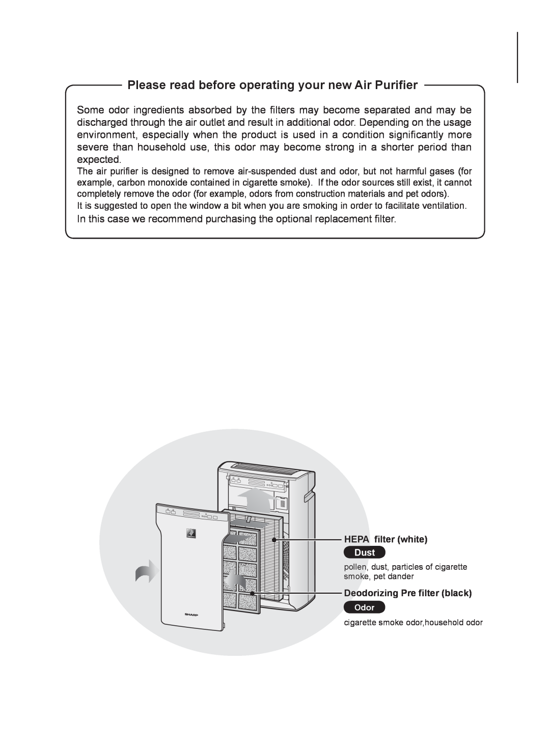 Sharp FP-A80UW, FP-A60U operation manual HEPA filter white, Dust 