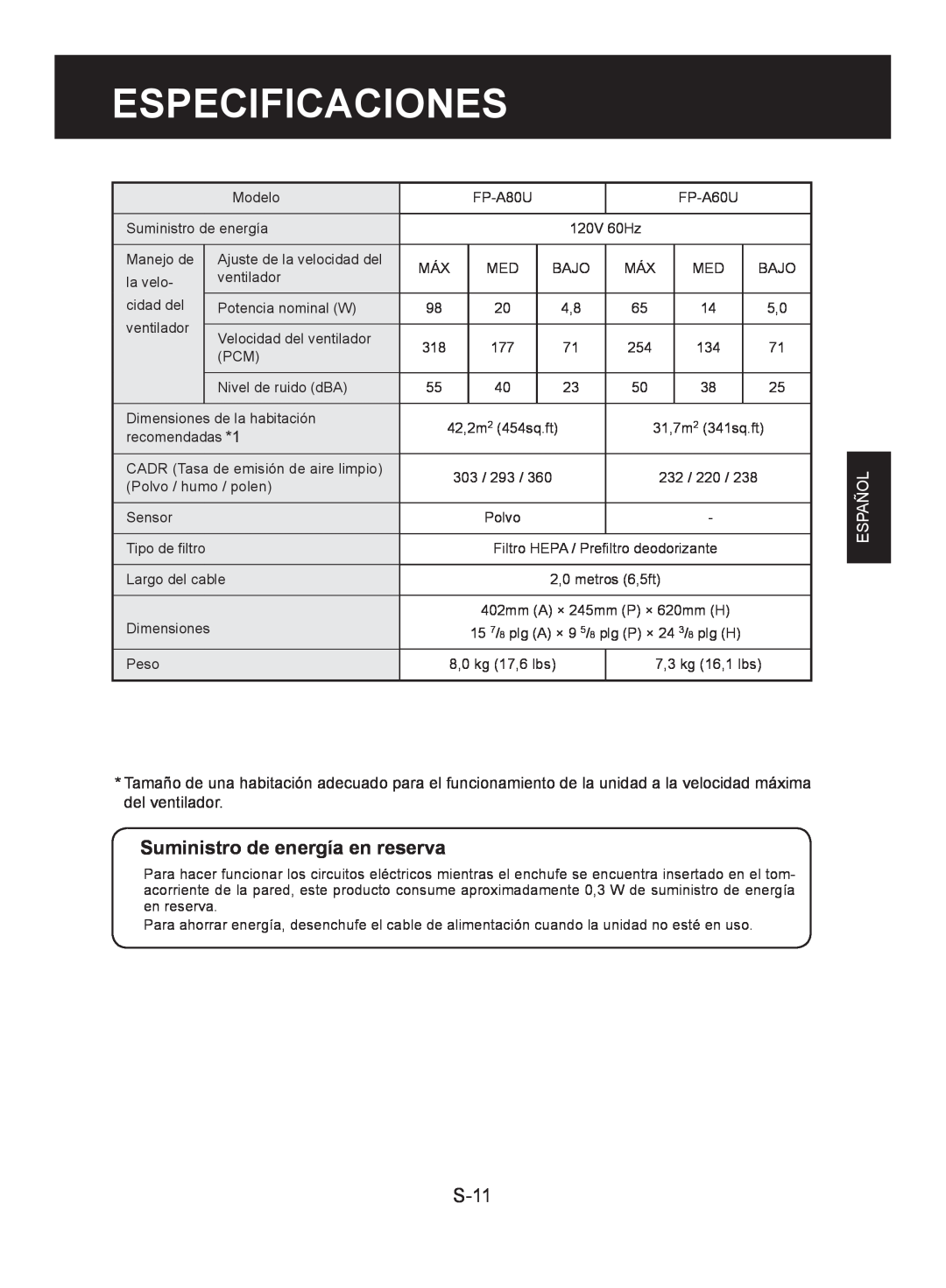Sharp FP-A60U, FP-A80UW operation manual Especificaciones, Suministro de energía en reserva, S-11, Español 