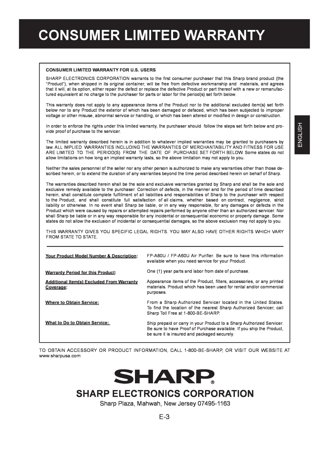 Sharp FP-A80UW, FP-A60U Sharp Electronics Corporation, English, Consumer Limited Warranty For U.S. Users 