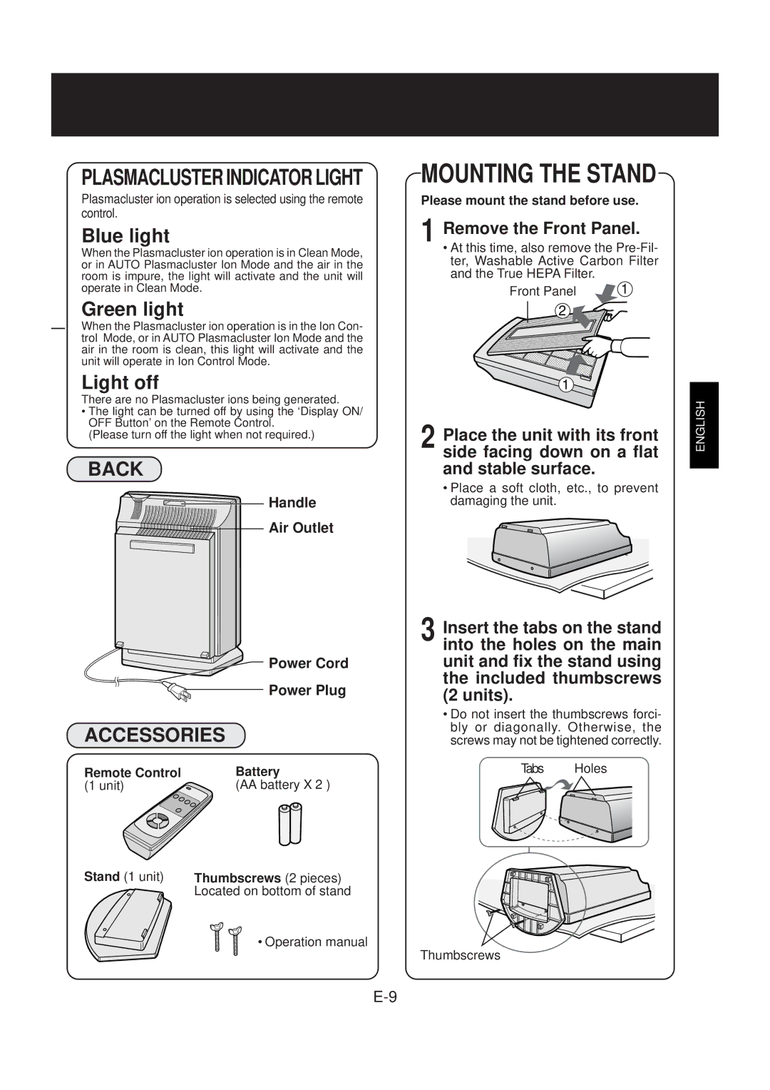 Sharp FP-N40CX operation manual Mounting the Stand, Plasmaclusterindicatorlight, Back, Accessories, Remove the Front Panel 