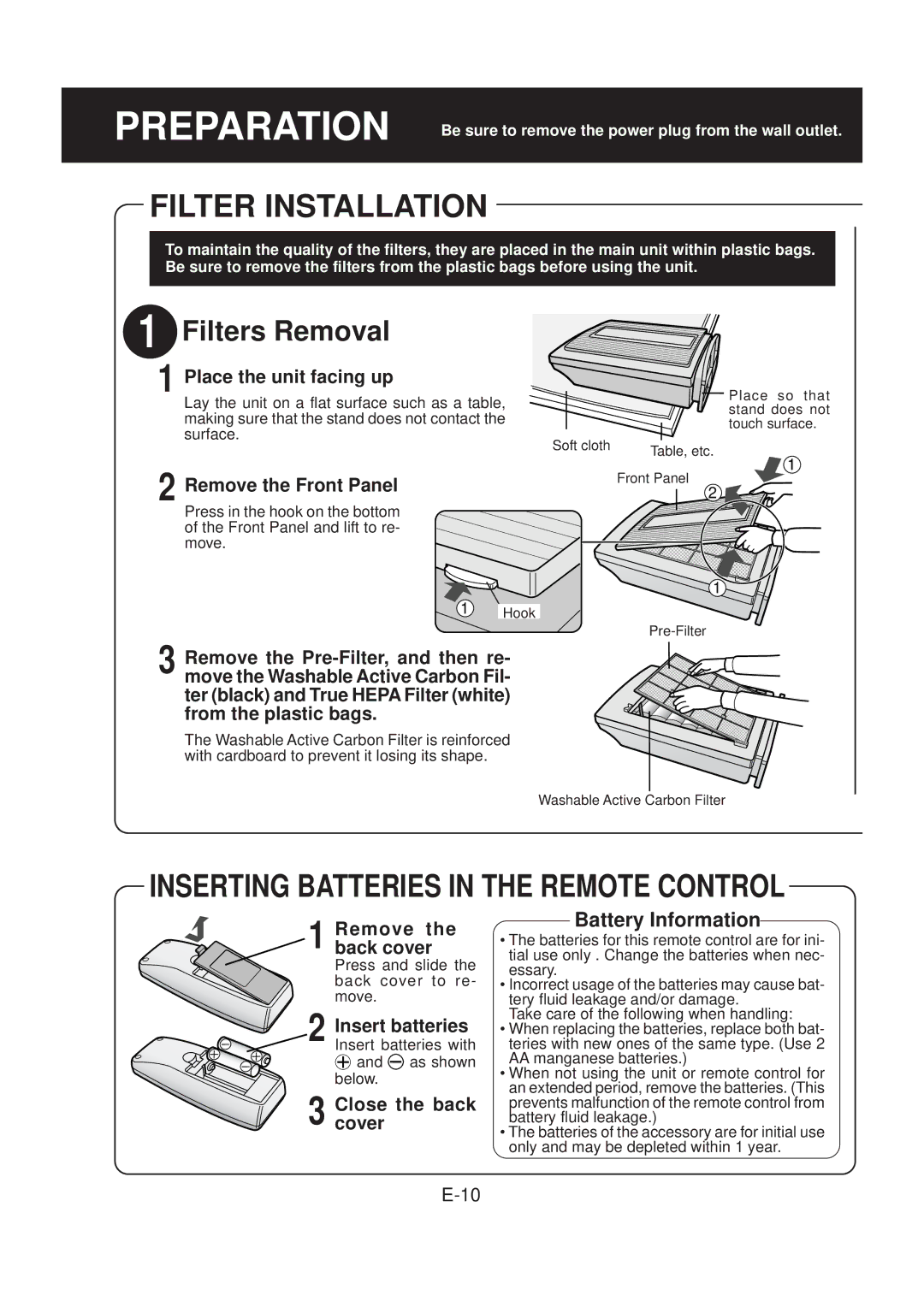 Sharp FP-N40CX Preparation, Filter Installation, Inserting Batteries in the Remote Control, Battery Information 