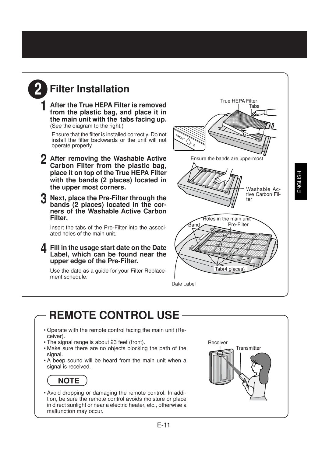 Sharp FP-N40CX operation manual Remote Control USE, Filter Installation 