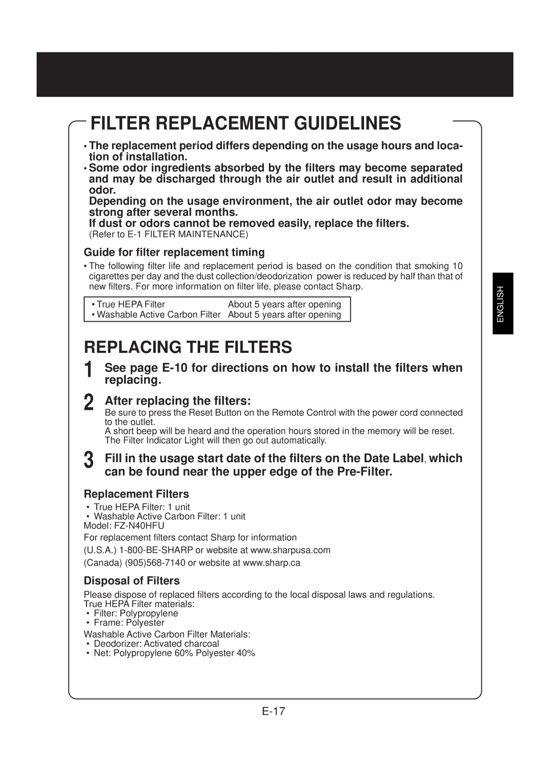 Sharp FP-N40CX operation manual Filter Replacement Guidelines, Replacing the Filters, After replacing the filters 