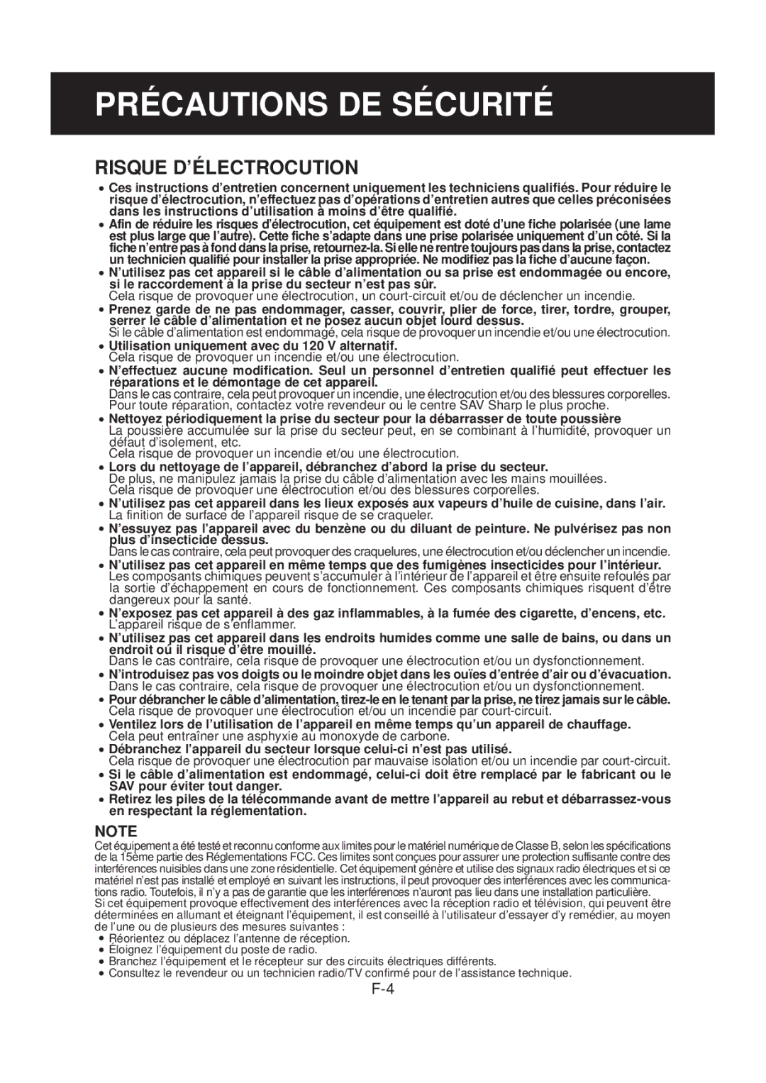 Sharp FP-N40CX Précautions DE Sécurité, Risque D’ÉLECTROCUTION, Utilisation uniquement avec du 120 V alternatif 