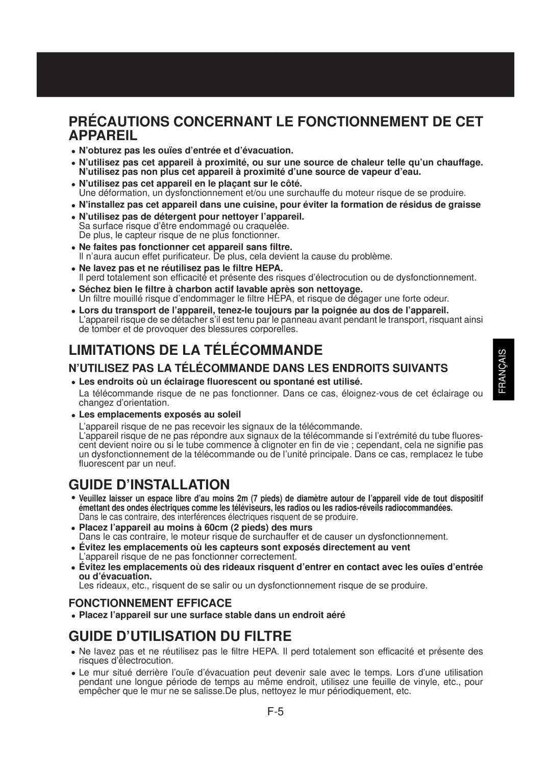 Sharp FP-N40CX operation manual Précautions Concernant LE Fonctionnement DE CET Appareil, Limitations DE LA Télécommande 