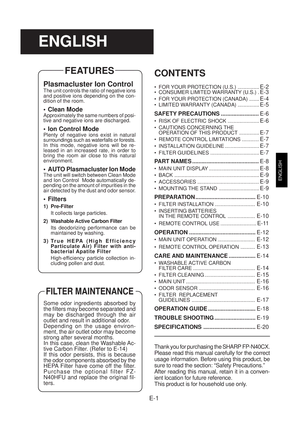 Sharp FP-N40CX operation manual Features, Filter Maintenance, Contents 