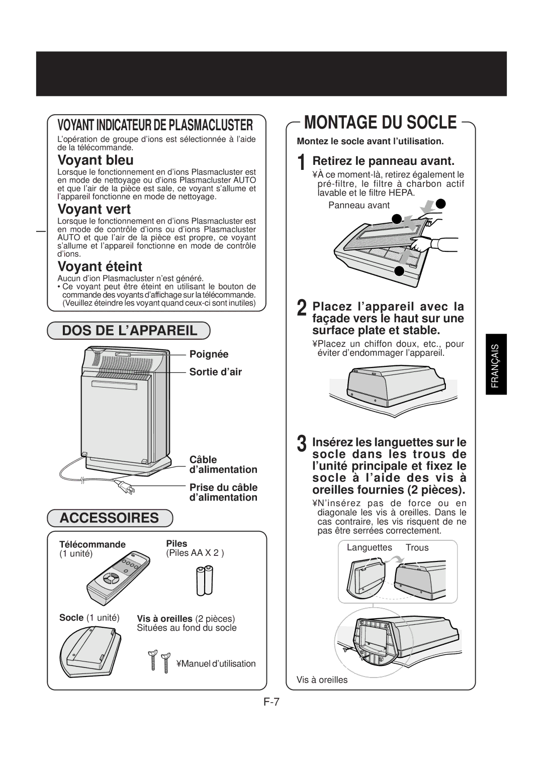 Sharp FP-N40CX operation manual Dos De L’Appareil, Accessoires, Retirez le panneau avant 