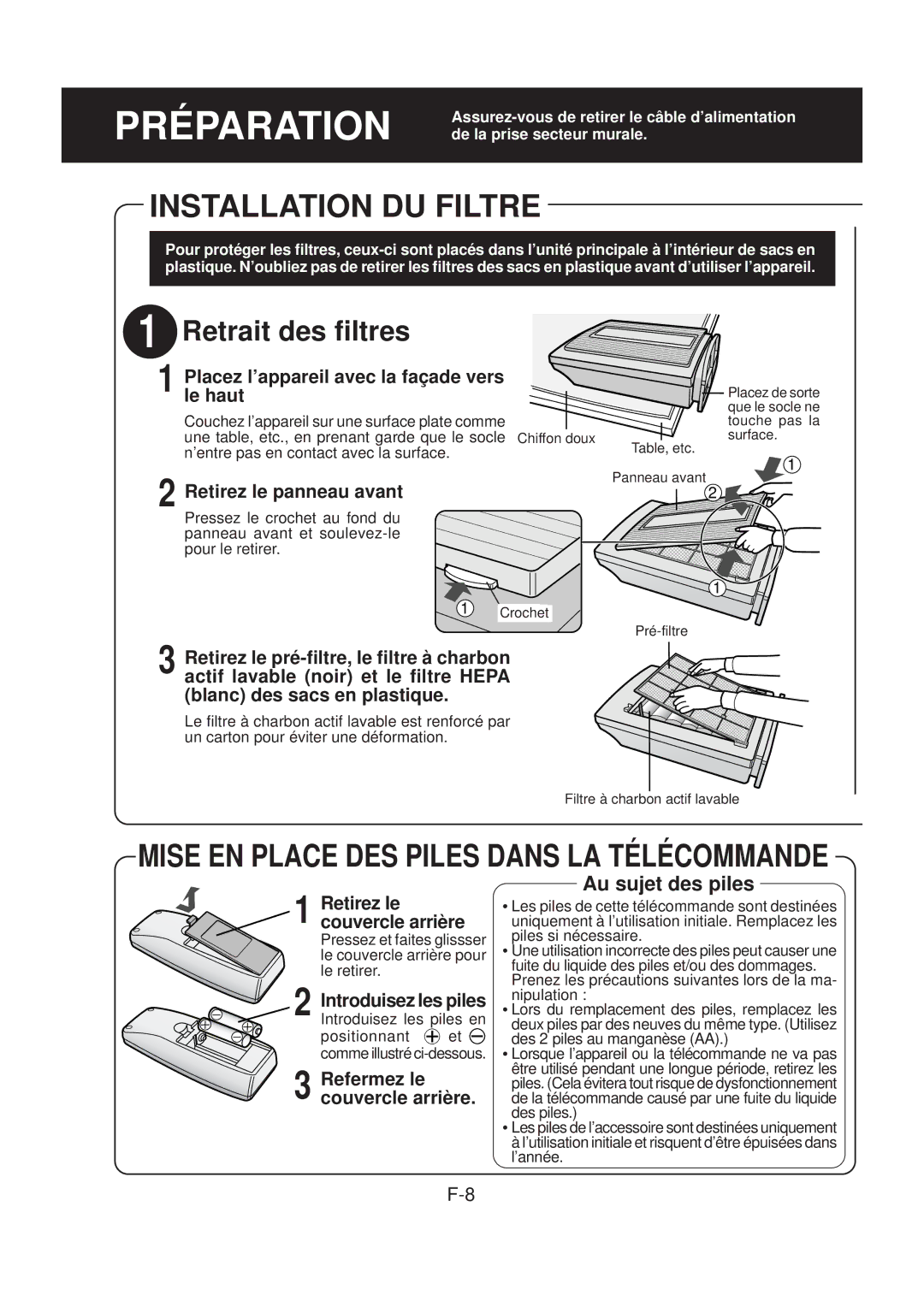 Sharp FP-N40CX operation manual Installation DU Filtre, Au sujet des piles 