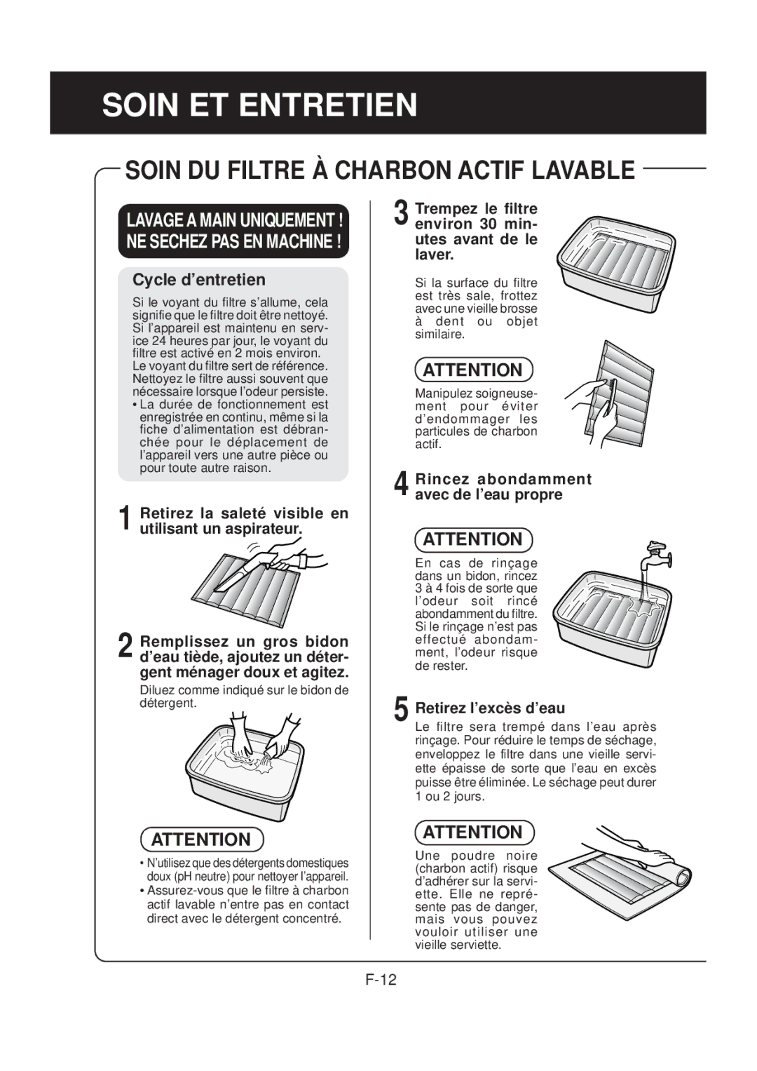 Sharp FP-N40CX Soin ET Entretien, Cycle d’entretien, Trempez le filtre environ 30 min- utes avant de le laver 