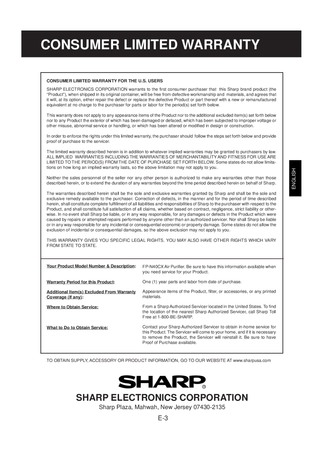 Sharp FP-N40CX operation manual Consumer Limited Warranty for the U.S. Users 