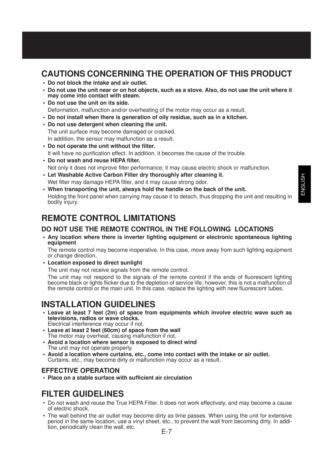 Sharp FP-N40CX operation manual Remote Control Limitations, Installation Guidelines, Filter Guidelines 