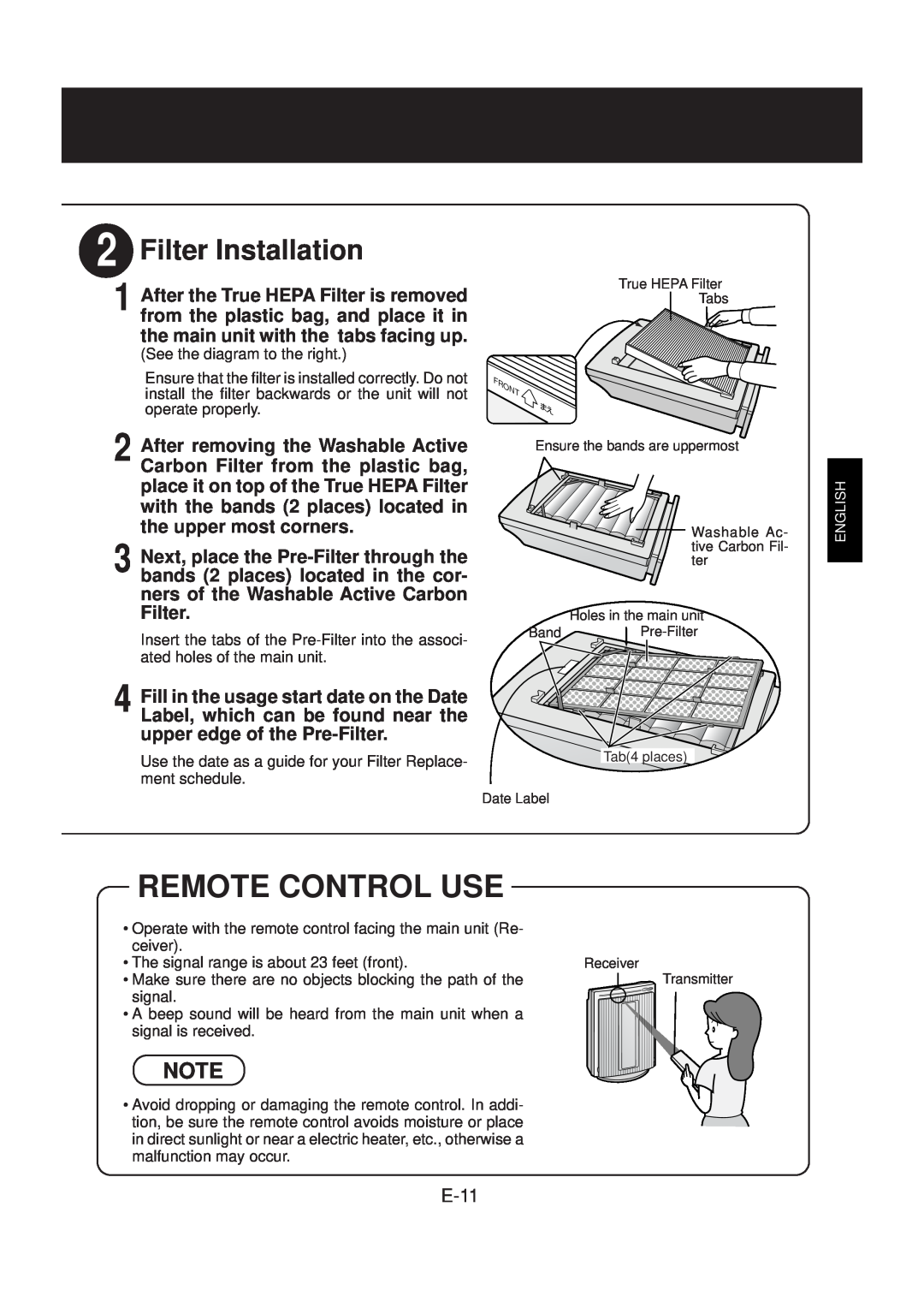 Sharp FP-N40CX operation manual Remote Control Use, Filter Installation, E-11 