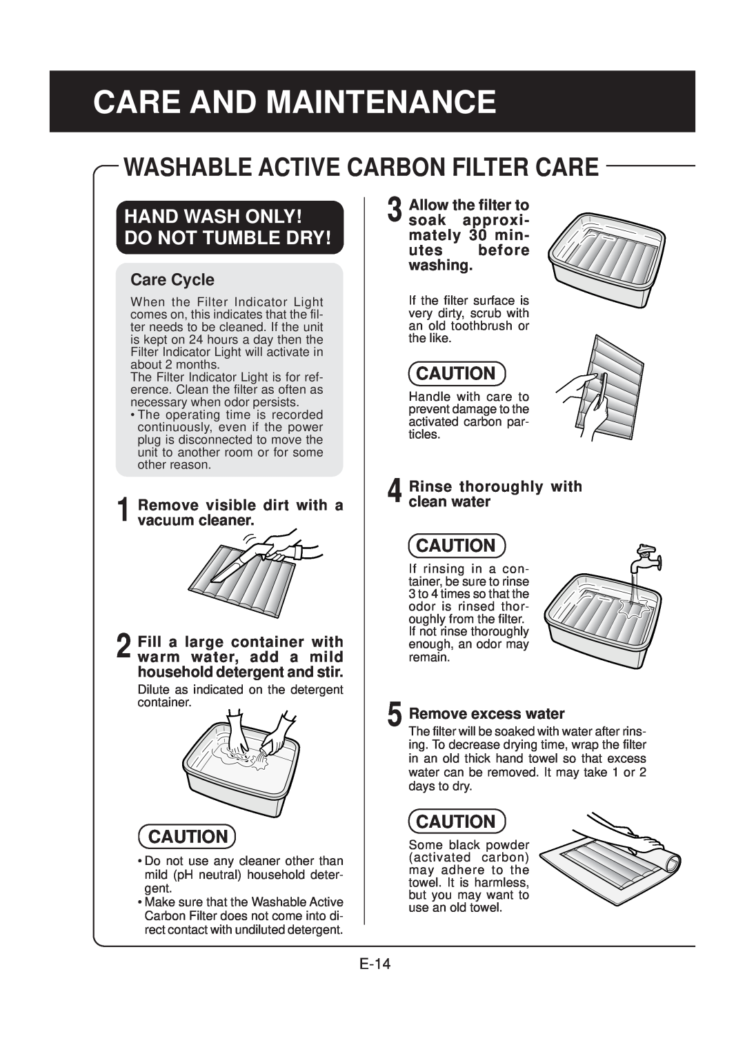 Sharp FP-N40CX Care And Maintenance, Washable Active Carbon Filter Care, Hand Wash Only! Do Not Tumble Dry, E-14 