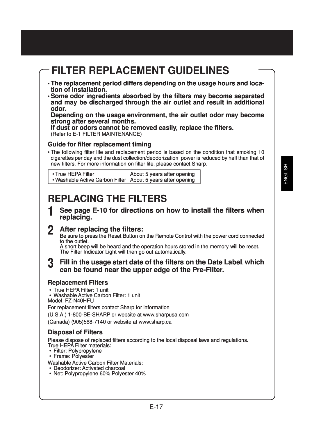 Sharp FP-N40CX operation manual Filter Replacement Guidelines, Replacing The Filters, E-17 