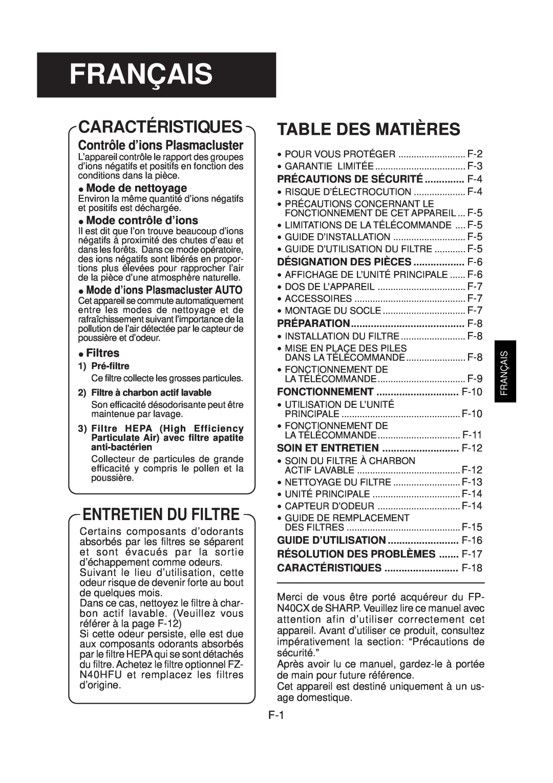Sharp FP-N40CX Français, Caractéristiques, Entretien Du Filtre, Table Des Matières, Contrôle d’ions Plasmacluster 