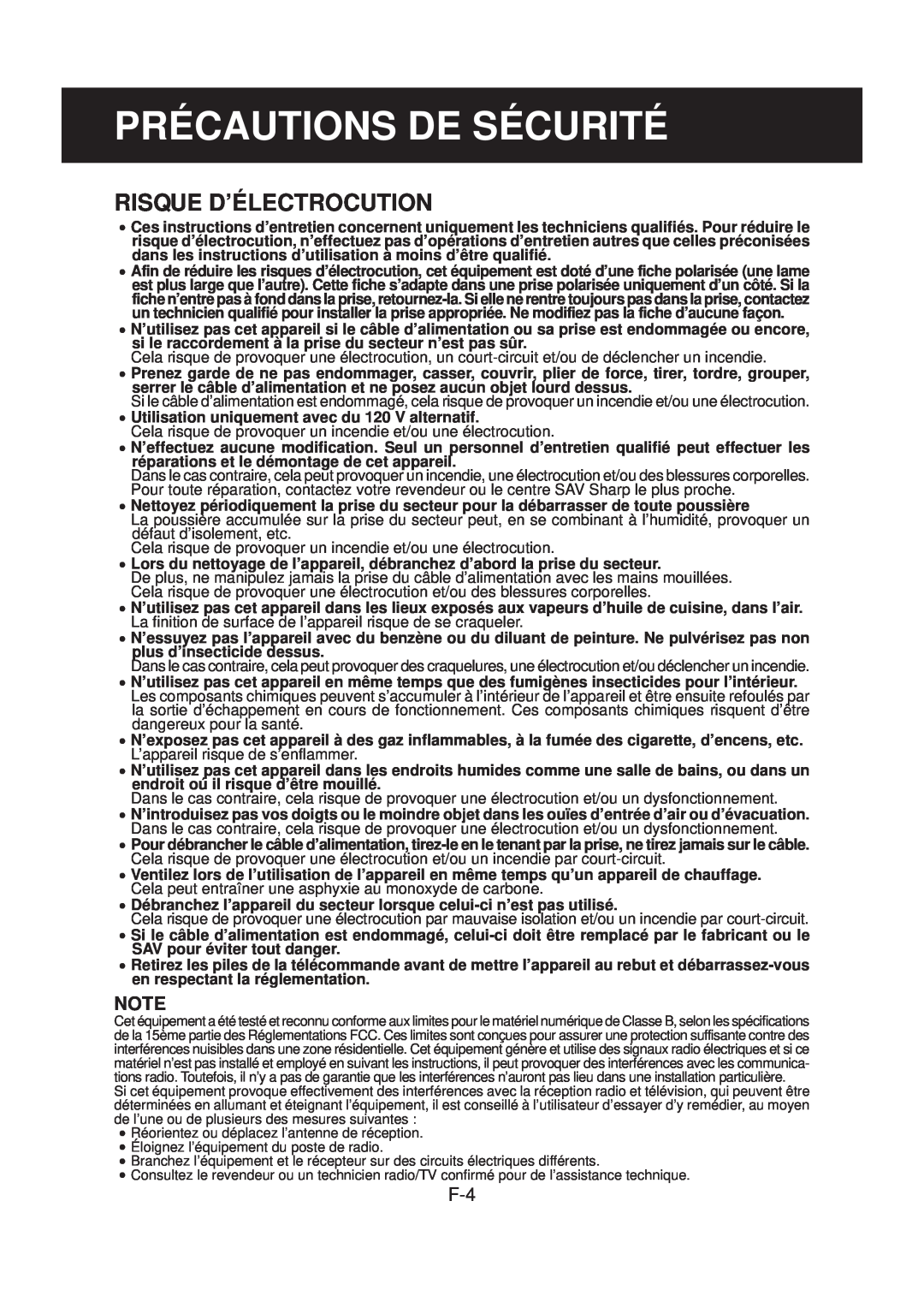 Sharp FP-N40CX operation manual Précautions De Sécurité, Risque D’Électrocution 