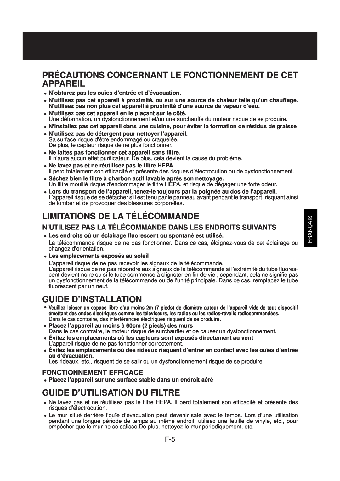 Sharp FP-N40CX Limitations De La Télécommande, Guide D’Installation, Guide D’Utilisation Du Filtre, Français 
