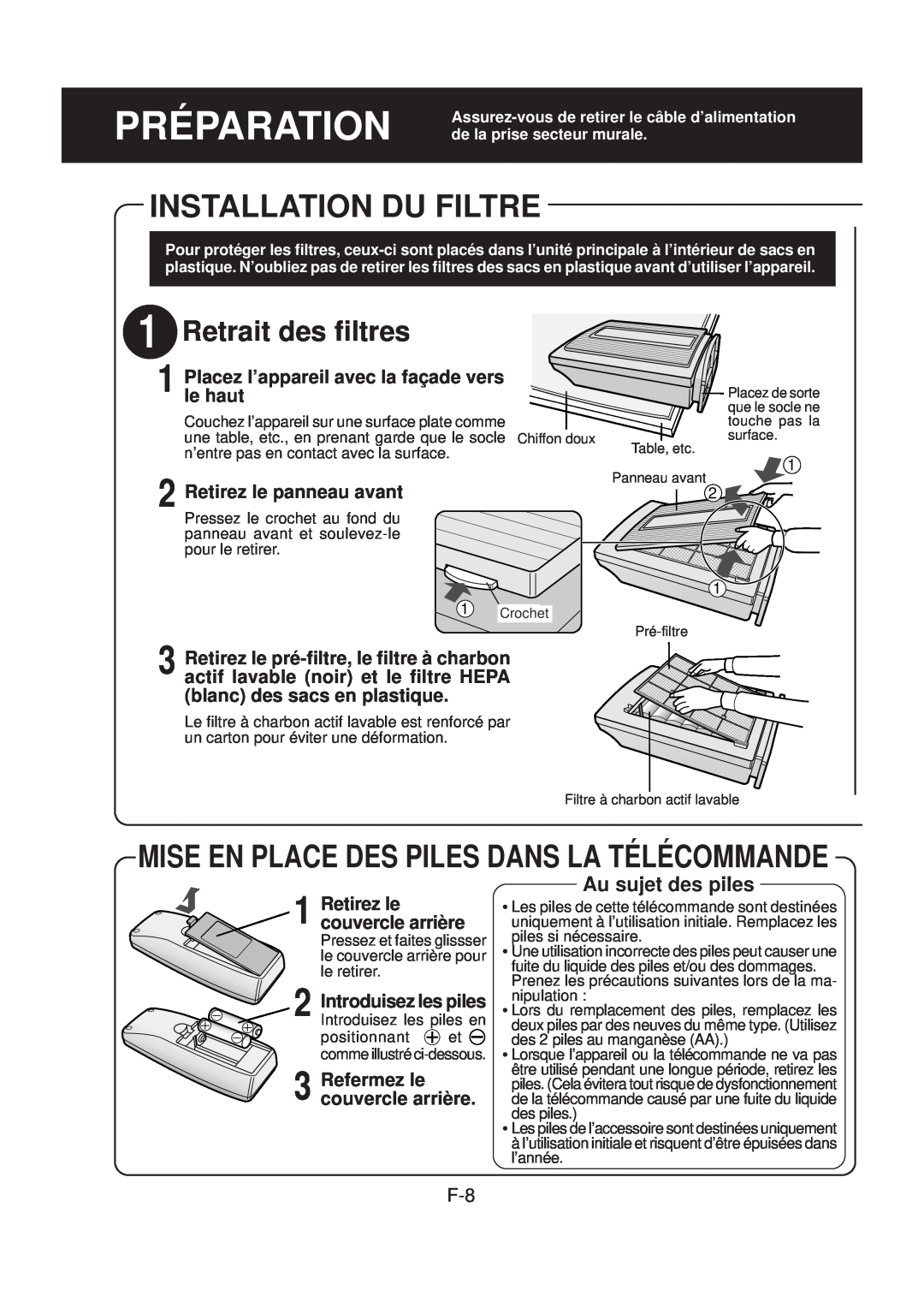 Sharp FP-N40CX operation manual Installation Du Filtre, Retrait des filtres, Mise En Place Des Piles Dans La Télécommande 