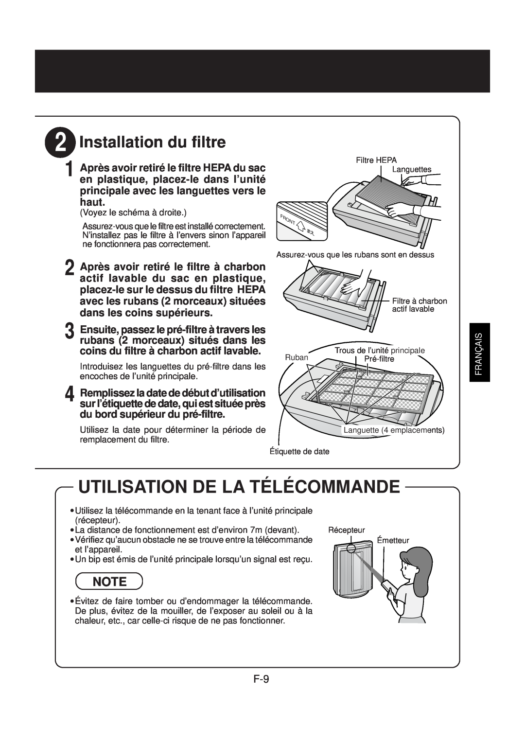 Sharp FP-N40CX operation manual Utilisation De La Télécommande, Installation du filtre 