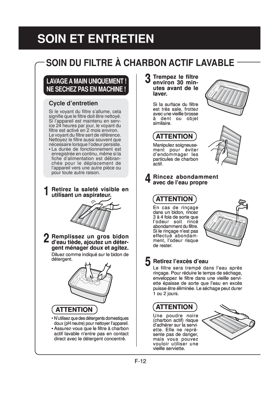 Sharp FP-N40CX operation manual Soin Et Entretien, Soin Du Filtre À Charbon Actif Lavable, F-12 
