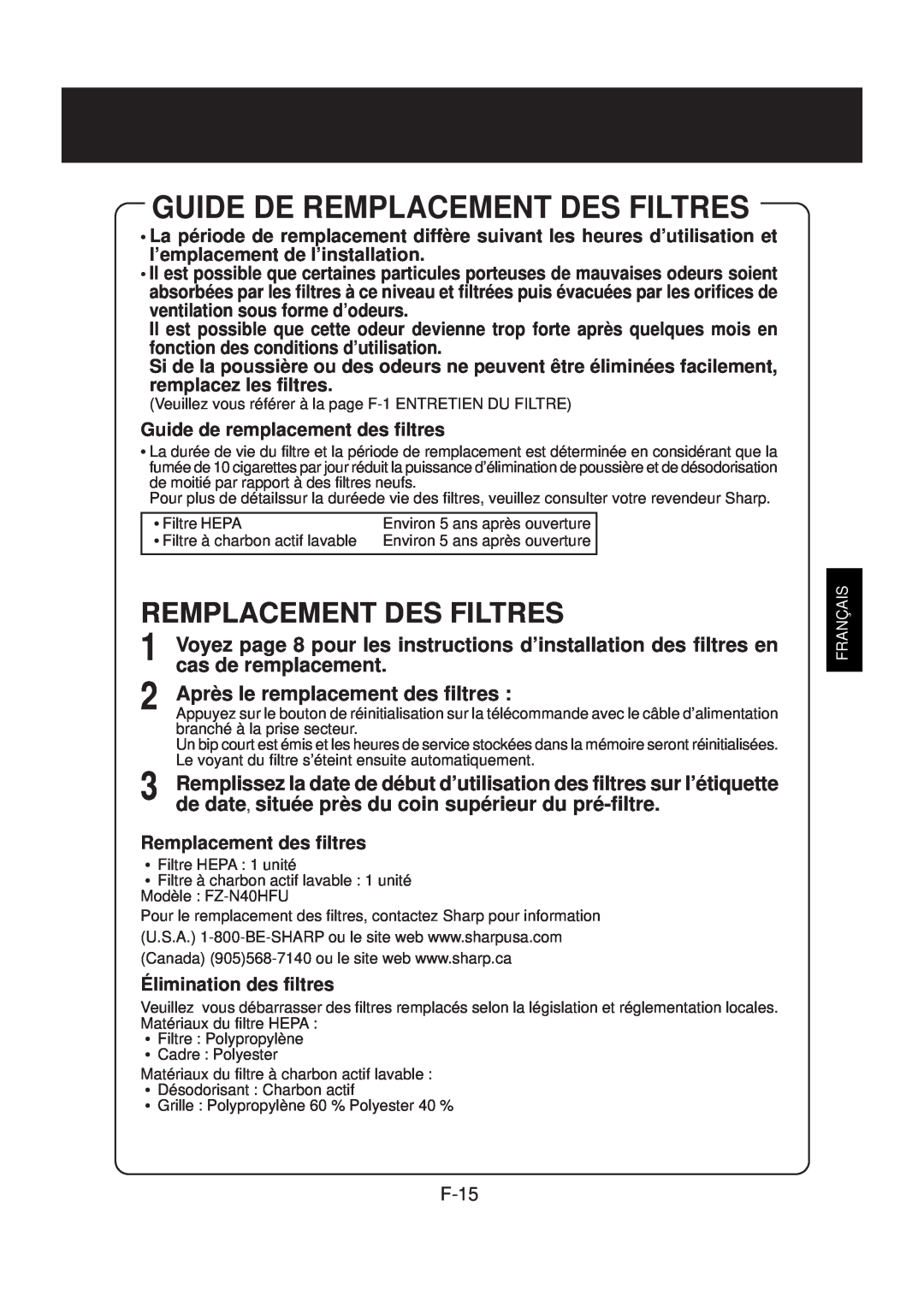Sharp FP-N40CX operation manual Guide De Remplacement Des Filtres 