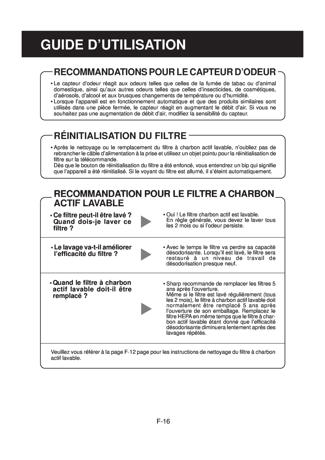 Sharp FP-N40CX Guide D’Utilisation, Recommandations Pour Le Capteur D’Odeur, Réinitialisation Du Filtre, F-16 
