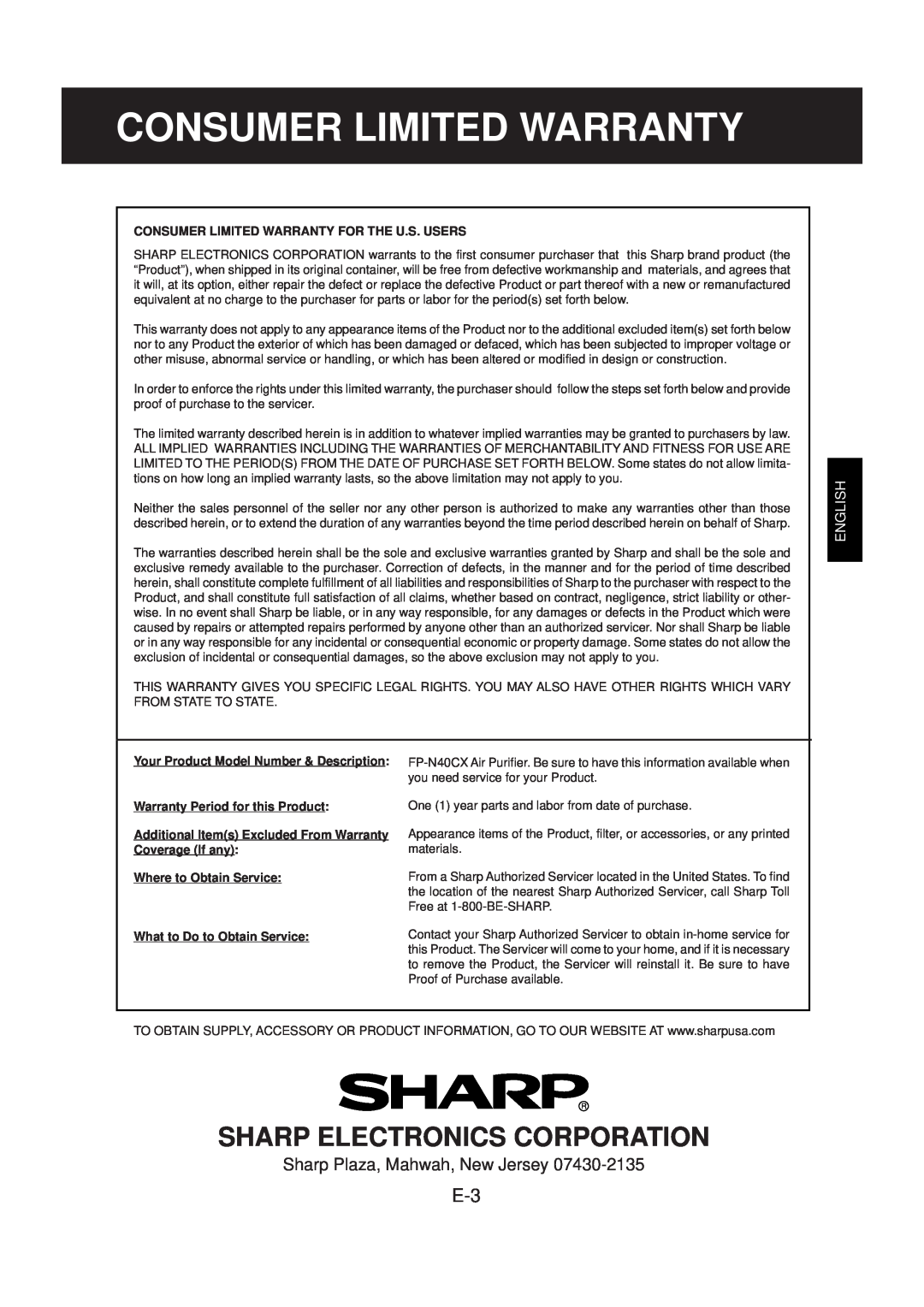Sharp FP-N40CX Consumer Limited Warranty, Sharp Electronics Corporation, English, Warranty Period for this Product 