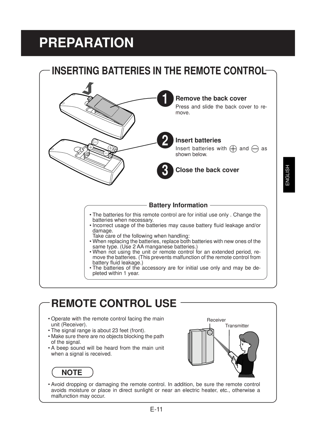 Sharp FP-N60CX operation manual Preparation, Remote Control USE, Remove the back cover, Insert batteries 