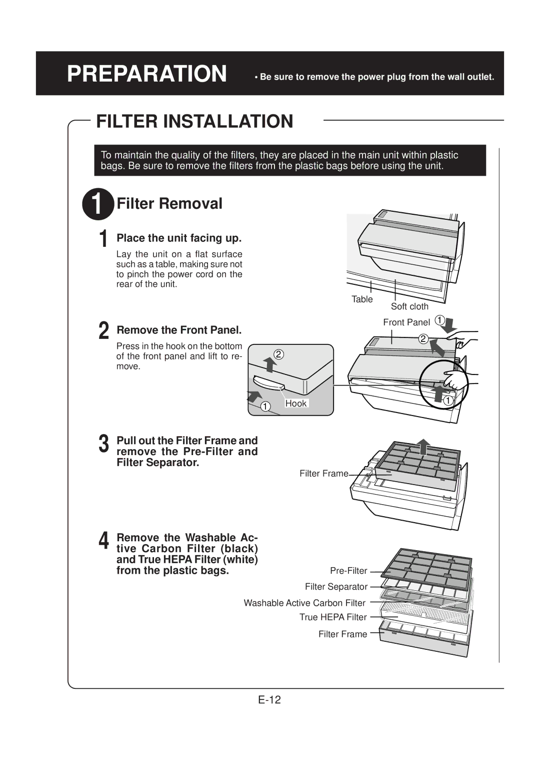 Sharp FP-N60CX operation manual Filter Installation, Place the unit facing up, Remove the Front Panel 