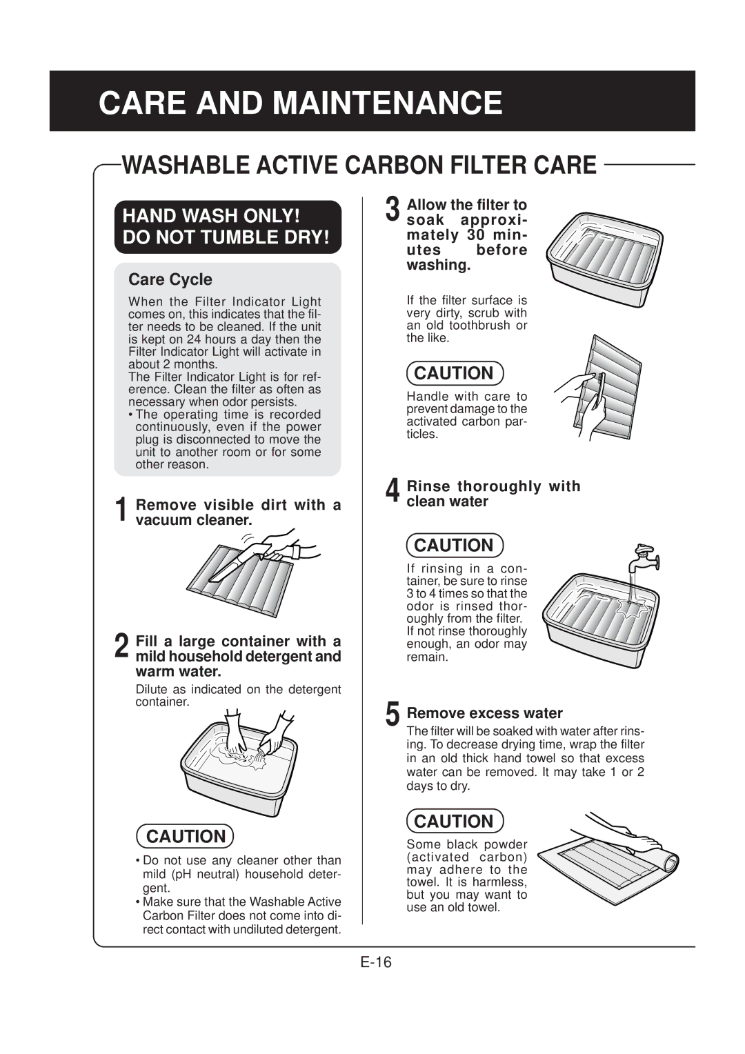 Sharp FP-N60CX operation manual Care and Maintenance, Washable Active Carbon Filter Care, Rinse thoroughly with clean water 